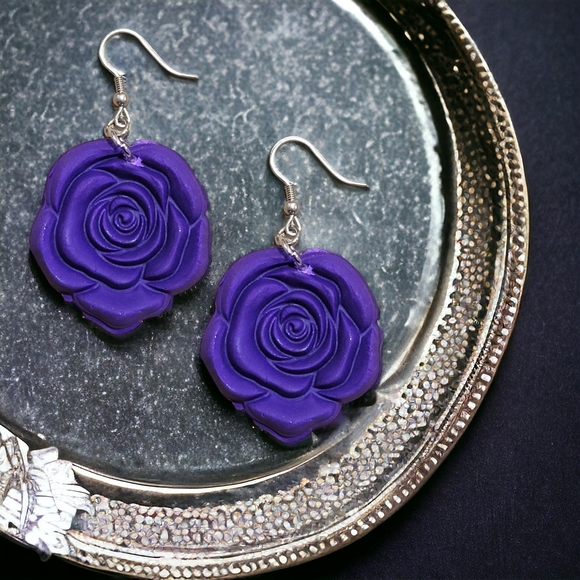 Large Purple Rose Earrings - Picture 2 of 2